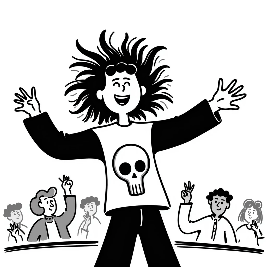 A person enthusiastically headbanging at a concert, wearing a band shirt with wild hair flying emoji