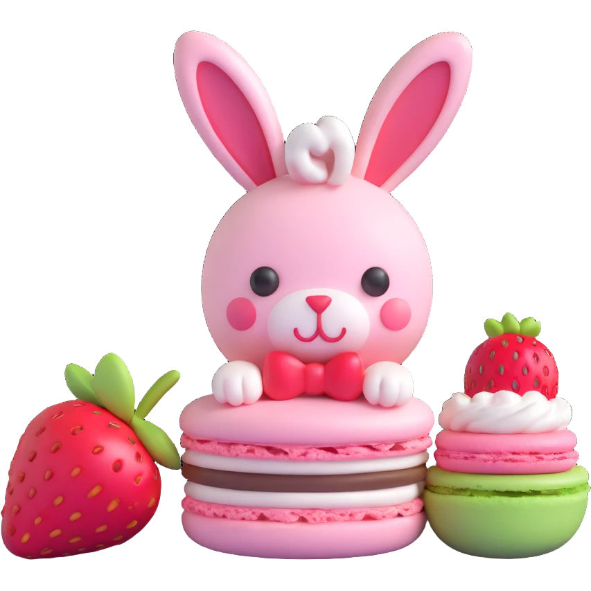 A 3D macaron with a strawberry on top and a bunny peeking out emoji