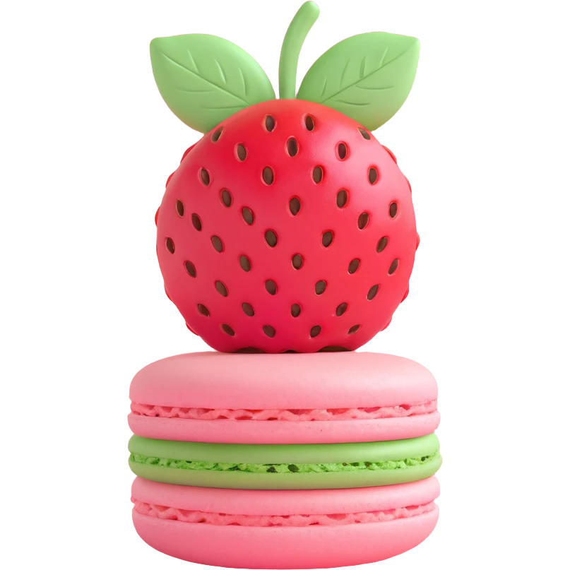 A strawberry macaron with a green leaf on top, in 3D iOS style, pastel pink and green colors, soft shadows, clean and minimalistic design emoji