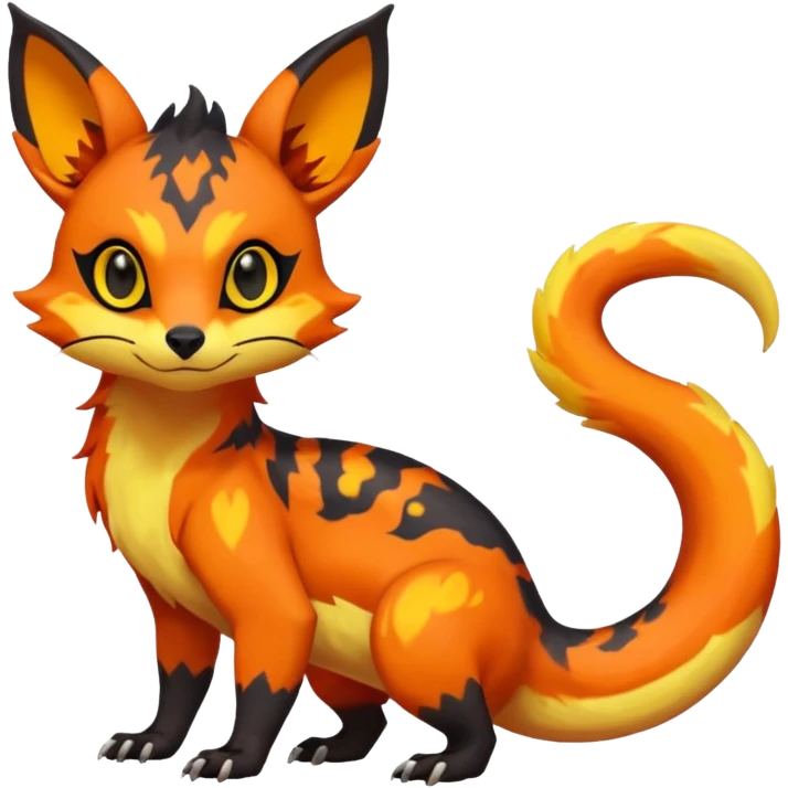 Rare tropical warm-colored exotic cute epic aesthetic colorful Salandit-Eevee-Civet-species-Fakemon-hybrid-creature, with wild fiery markings, full body emoji