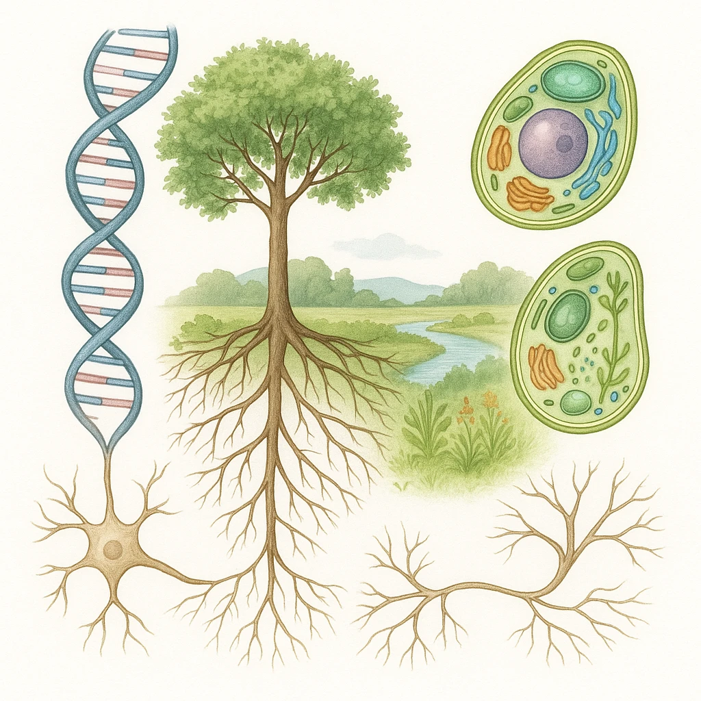 A realistic biological illustration (like in a school book) showing: DNA strands transitioning into a tree, cells with visible organelles, neurons connected to plant roots  and a balanced ecosystem background . Seamless integration, no labels or borders, white background, detailed but minimalist.  emoji