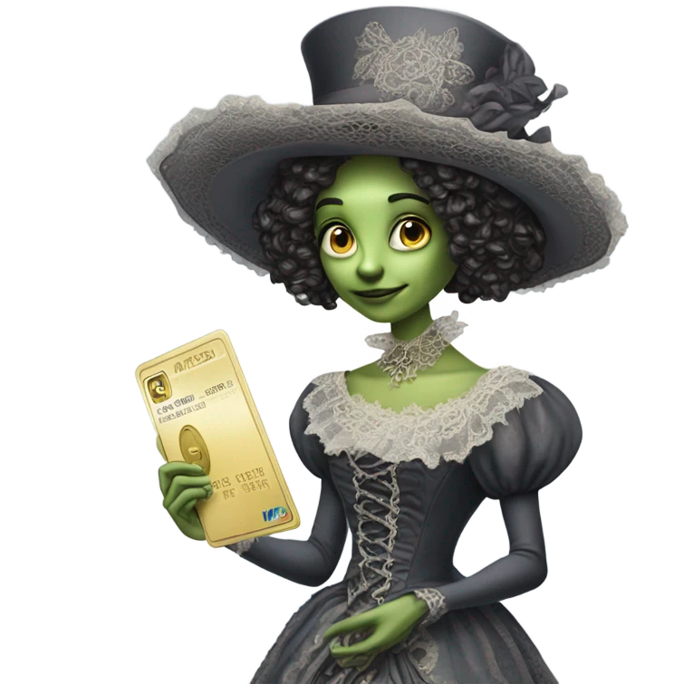 alien galora in Victorian dress elegant, full body, holding big credit card emoji