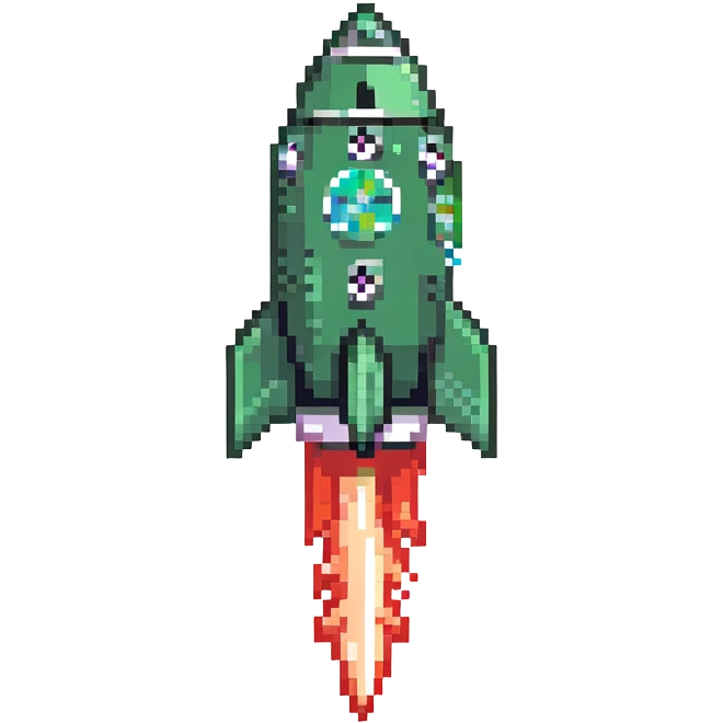 A large green checkmark emoji similar to iOS style as the main feature, with a small diagonal rocket ship in the bottom right corner emoji
