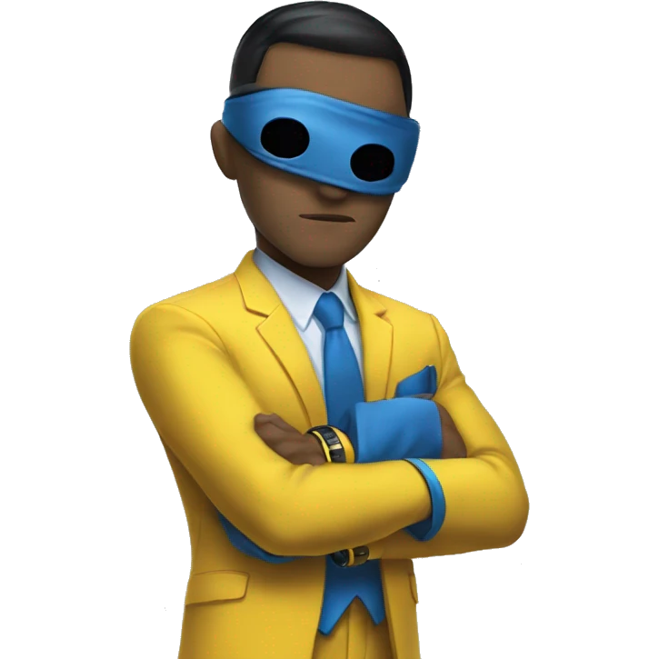 Invincible wearing a yellow and blue suit with black accents. He should have a distinctive yellow visor-style mask covering his eyes, shot black hair. heroic expression. emoji