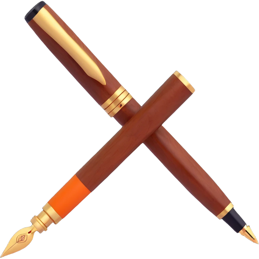 luxury 3D fountain pen, deep brown wood body, Hermès orange inlay, gold accents, no text emoji