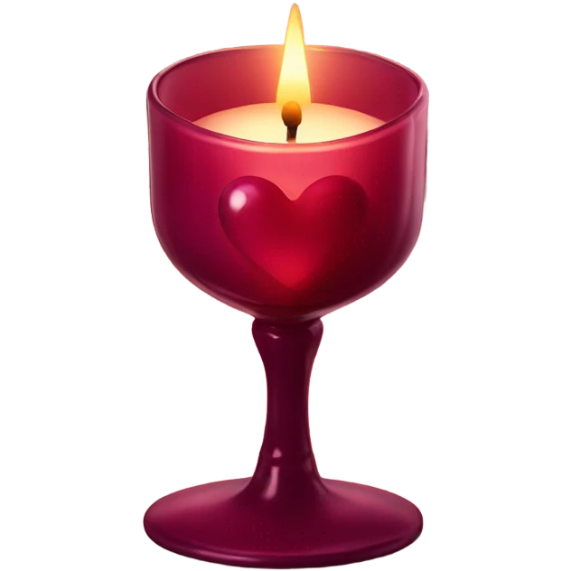 A heart-shaped candle in a burgundy glass holder casting a warm glow
 emoji