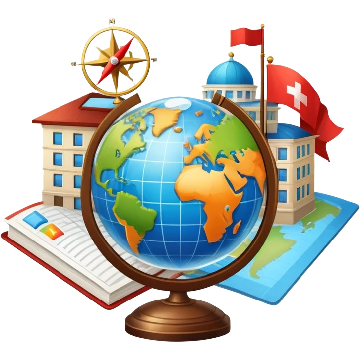 An icon featuring a hotel building, and a globe, symbolizing the scientific study of tourism and hospitality. The design includes a map, a compass, and a checklist, representing travel planning and service management. Transparent background highlights the academic exploration of the tourism industry emoji