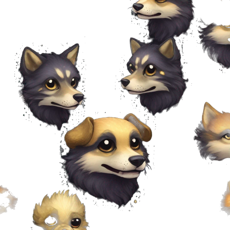 Black iridescent fluffy dog fox head zombie skeleton gold mechanical nebula galaxy stars flowers fairy lights vintage emoji