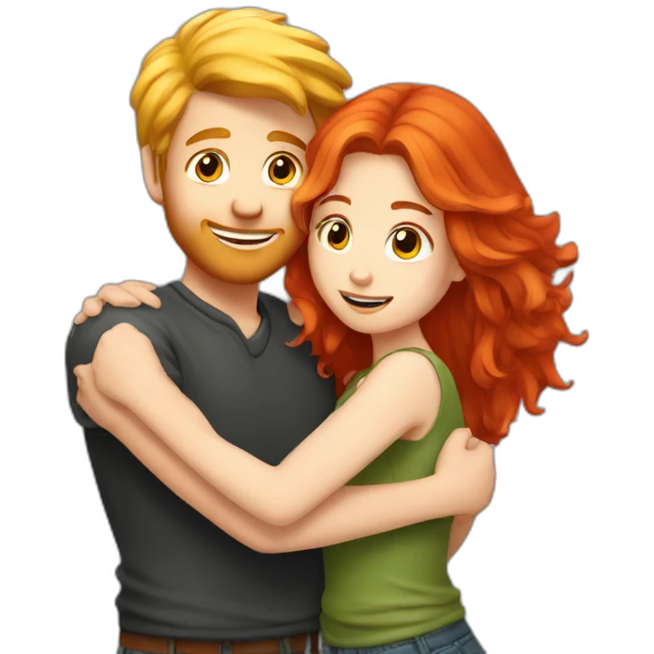 Red hair girl hugging blond guy emoji