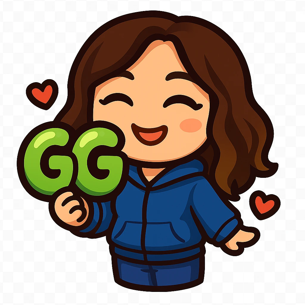 Create a chibi emote of a woman from the reference wearing a blue hoodie and jeans, holding a large, bubbly 'GG' sign with hearts, cute happy face, no headband, no wand, matching the attached green heart emote as a base, transparent background emoji