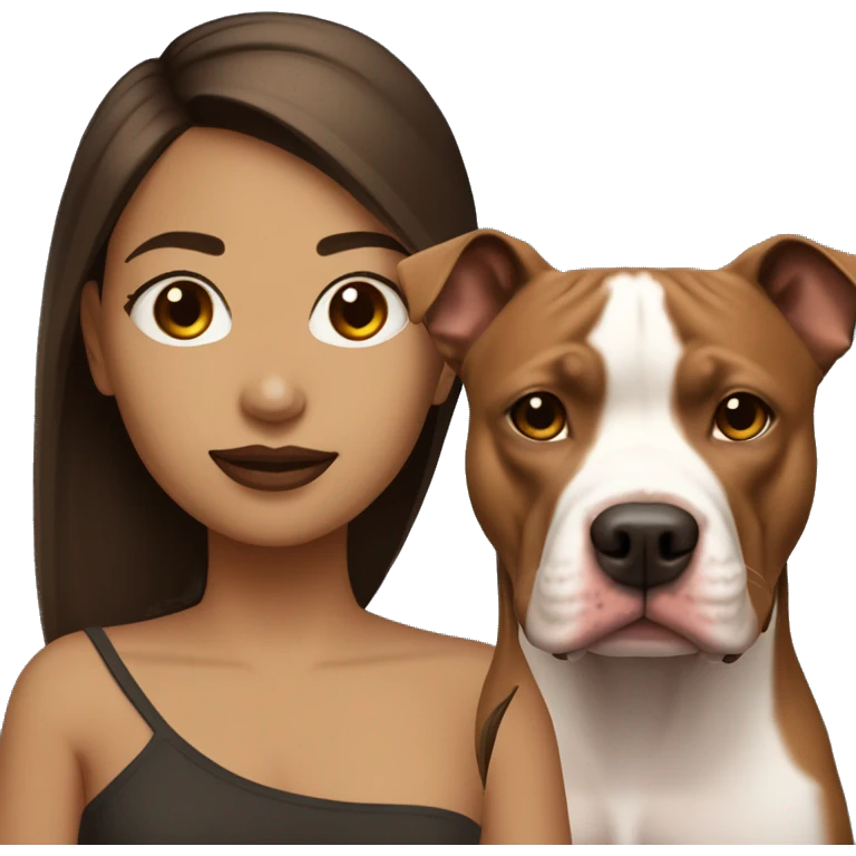 light skin girl with dark brown straight hair face next to red pitbull emoji