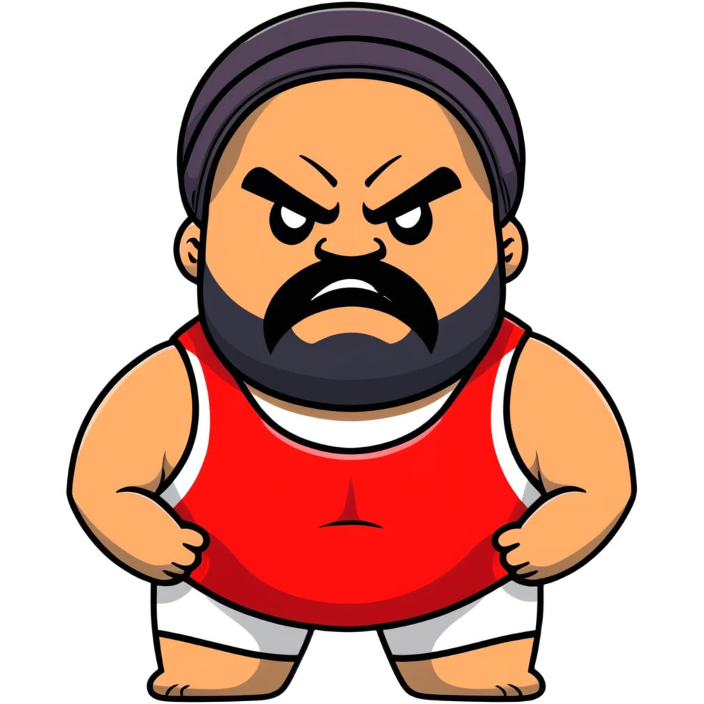 White skin fat guy with prominent black durag, black beard, black eyes in a red and black wrestling singlet with angry face emoji