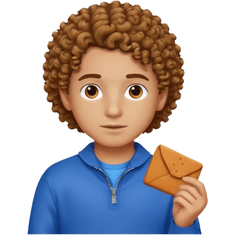 curly hair boy, bronzer skin, hair parted on the right side, brown eyes, blue clothes emoji