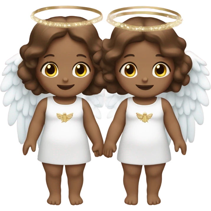 2 twin baby girls that are peach with brown hair with a halo and angel wings emoji