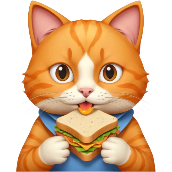 cute orange cat portrait, head and shoulders only, biting a sandwich, funny expression, 3D cartoon, mobile game icon style, clean background, no text, no watermark emoji