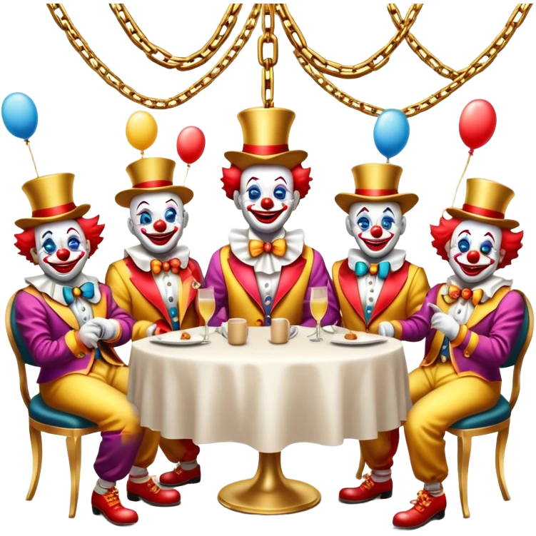 Vip restaurant full of clowns with golden chain on the neck. full height emoji