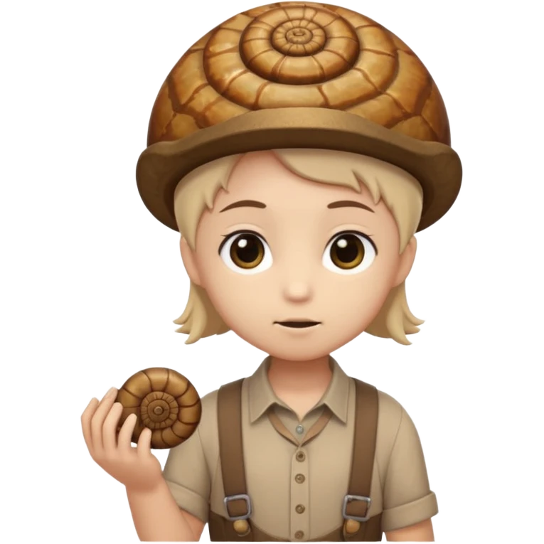 Shelly has a small, chibi-style body with a large ammonite-shaped head that looks like a beige fossil shell. One side of her head has a dark opening, making it clear she isn’t human. Her face is simple and soft, with big round eyes. She wears a brown suspender outfit over a lighter shirt emoji