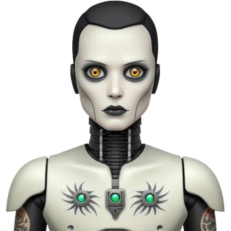black metal Tatooed robot with rada, big many tatooes on chest, neck and face, white tatoo on face emoji