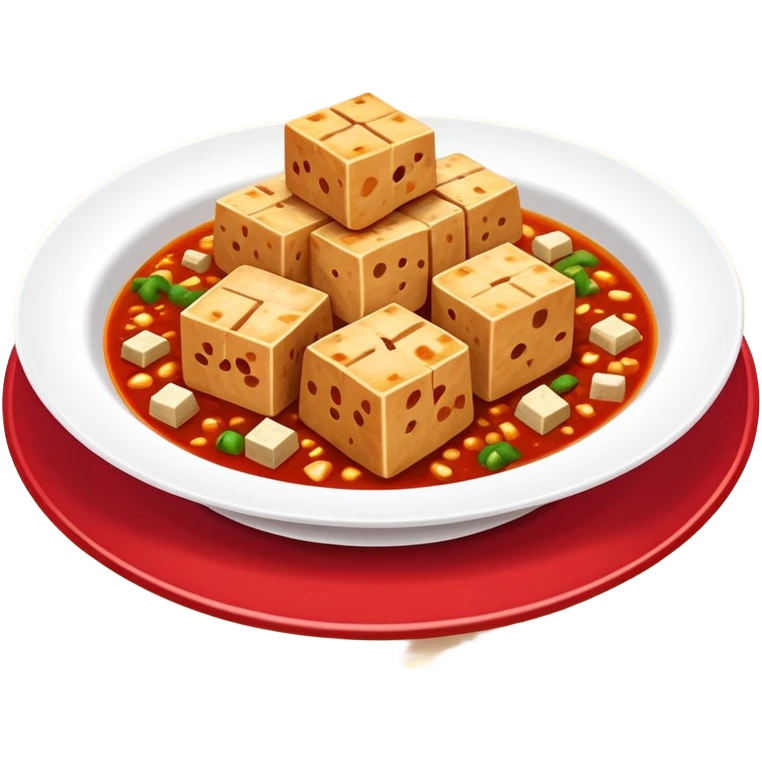 Sichuan mapo tofu spicy red dish with tofu cubes, simplified emoji style with bold outlines and bright colors, cartoon style Chinese tofu dish emoji