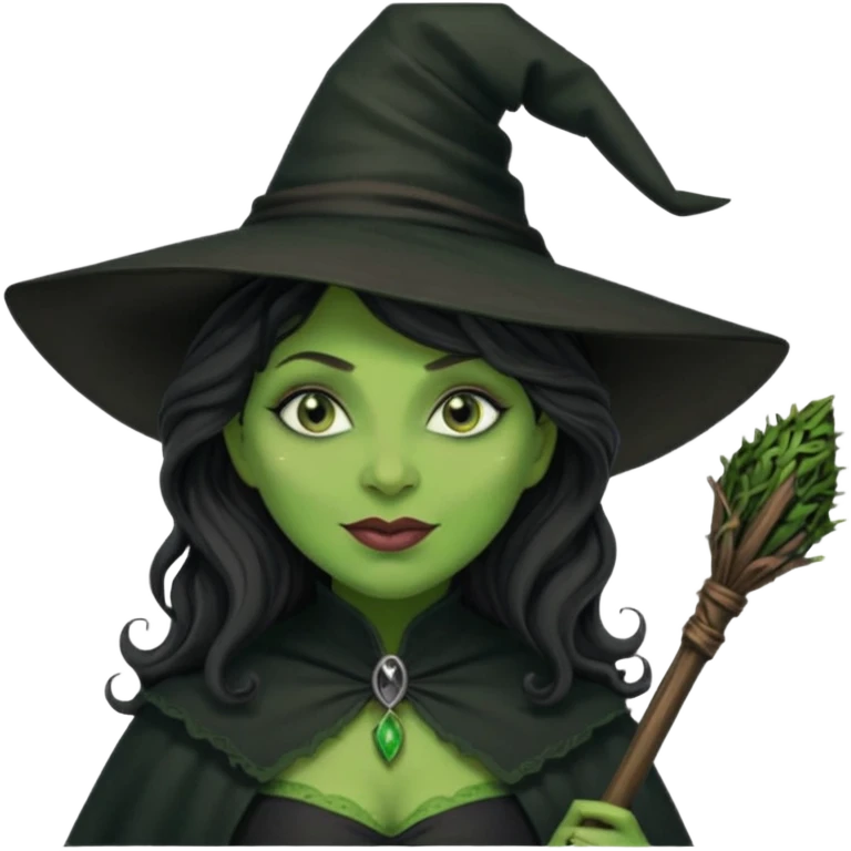elphaba the wicked witch from wicked movie (cynthia erivo) dark long curly hair, thick lips, green skins, witch hat, witch broom, evil, wicked musical film, smirk emoji