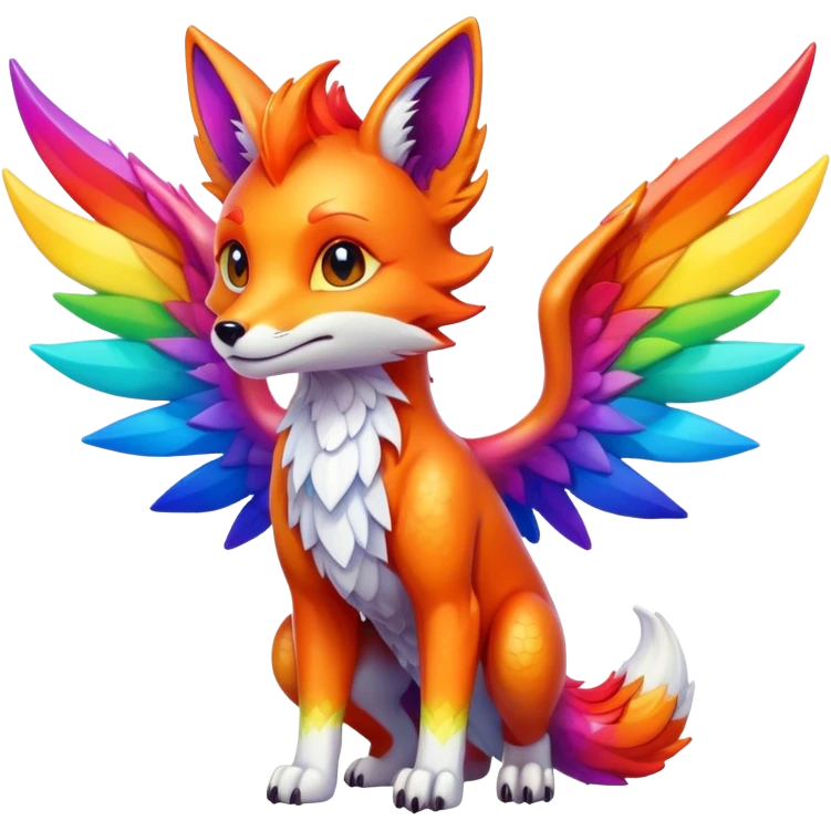 Cartoon Fox dragon hybrid with wings face front full body rainbow colored emoji