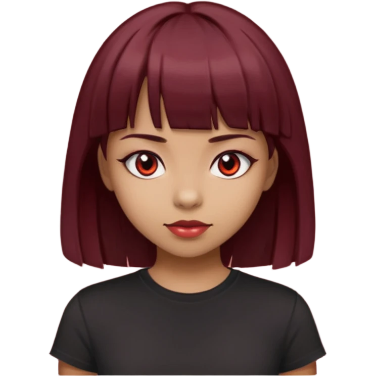 beautiful girl with dark maroon medium hair, straight bangs and red bando, red eyes and brown tshirt  emoji