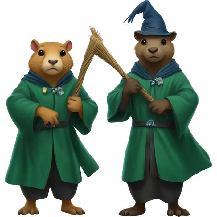 2 capybaras. both wizards. one is wearing a slytherin robe and the other has a ravenclaw robe. they are both holding broomsticks! emoji
