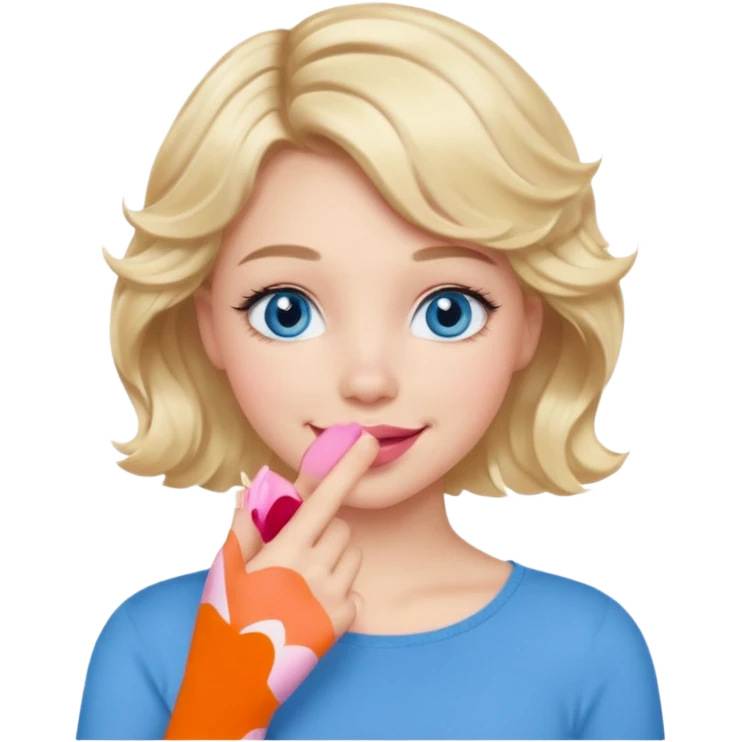Girl Blonde short wavy hair,  blue eyes, cute blue top, long lashes, pink lips, smiling, hand covering the mouth emoji