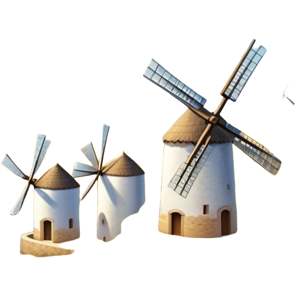 ​Cinematic Realistic Spanish Windmills (Mota del Cuervo), depicted as a cluster of gracefully aged windmills with weathered whitewashed facades and rustic wooden sails, standing proudly on a sunlit, rolling hillside of golden fields and olive groves, rendered with intricate textures and soft natural lighting that captures the timeless rural charm and historical significance of the Spanish landscape, emoji