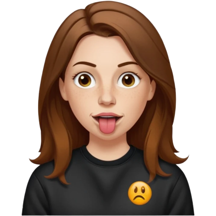 A 38 year old white woman with long brunette hair parted in the middle. She has her nose pierced. Her nose is medium sized. She has brown eyes. She has freckles and is wearing a black sweatshirt and is sticking out her tongue. emoji