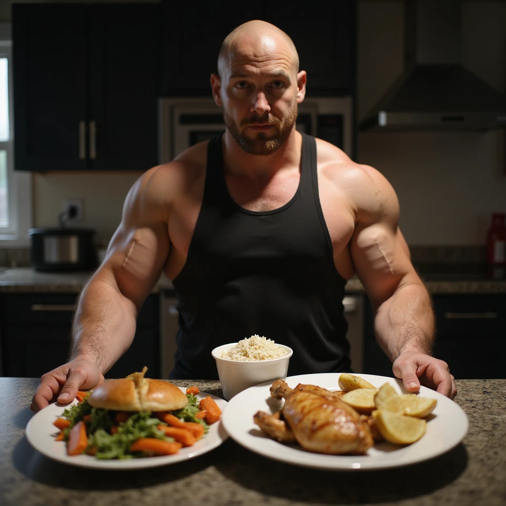 muscular man showing his 2000 calorie meal, plates with chicken, rice, vegetables, potatoes, sports kitchen atmosphere, hyperrealistic 4K details emoji