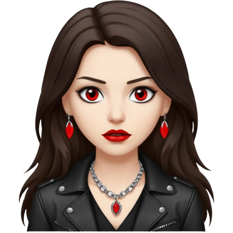 brunette with very long hair in black cuir jacket with red lips and very dark brown eyes and white shirt and mysterious necklace without piercing with evil eyes emoji