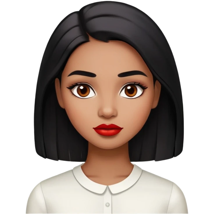 Young woman with medium to dark brown skin, oval face, high cheekbones, dark brown eyes, thick eyebrows, red lipstick, long straight black hair, wearing a white blouse emoji
