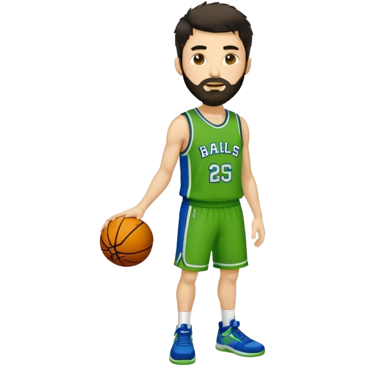 Full Body  white male basketball player with short shaggy dark hair and gold tee beard wearing blue and green uniform emoji