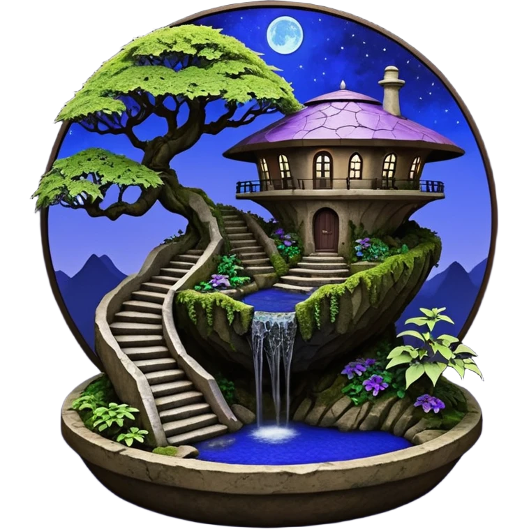Alien saucer house jungle-vines precarious narrow stairway fountain mountain-island getaway nighttime landscape antique mudman very old broken cracked intricate Stone Age lapis-crusted irregular dodecagon-shaped shallow dark moss rough bark violet serissa flowered maple tree bonsai pot emoji