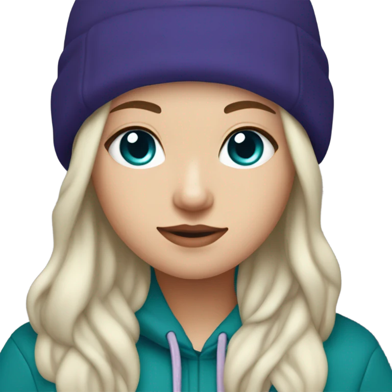 White girl, blue eyes, long teal hair, purple beanie hat, black hoodie, blue jeans, black shoes emoji