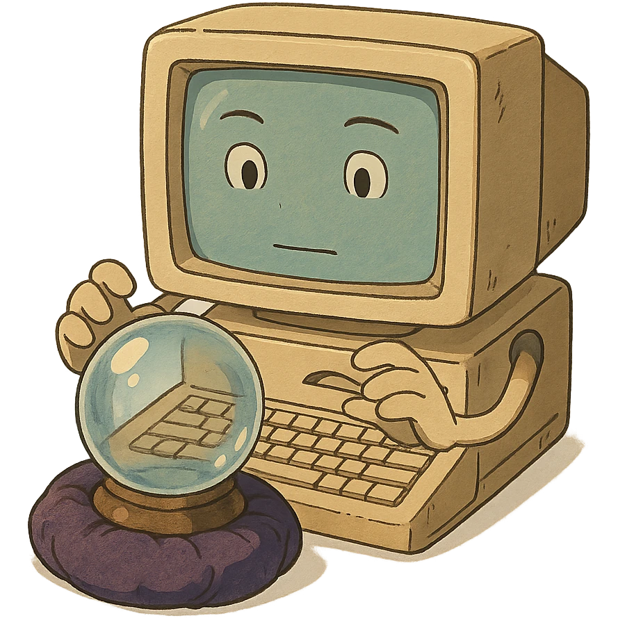 ghibli style computer reading a crystal ball emoji