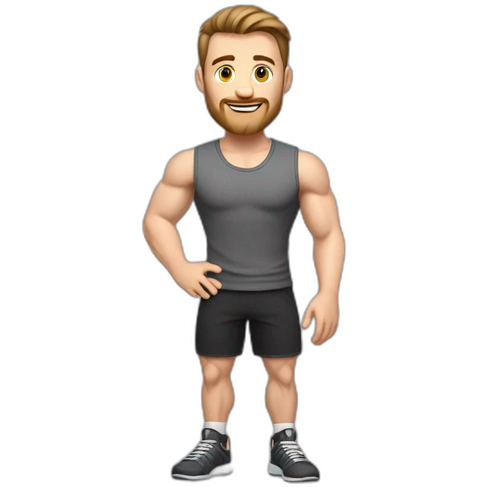 Full height realistic Actively gesturing with hands Pale skinned Fit Man With the biceps and brown hair in dark gray Sleeveless Mike, black oversize sports shorts, watch and white Sneakers emoji