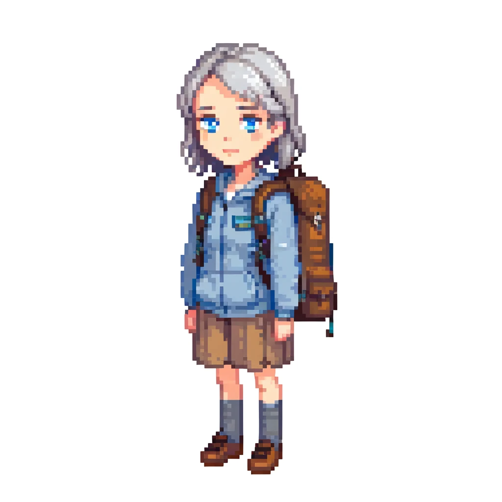 white woman park ranger with blue eyes, brown and gray hair, wearing a backpack, standing in a nature background emoji