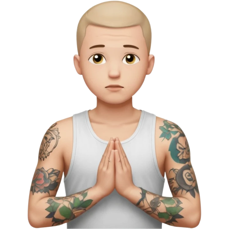 A 20 year old white man with a buzz cut and tattoos all over his arms and chest. Pleading face with hands praying wearing a white tanktop emoji