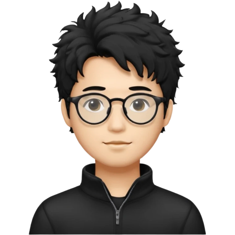 Make an Asian male with black fluffy messy hair wearing a black quarter zip and glasses emoji