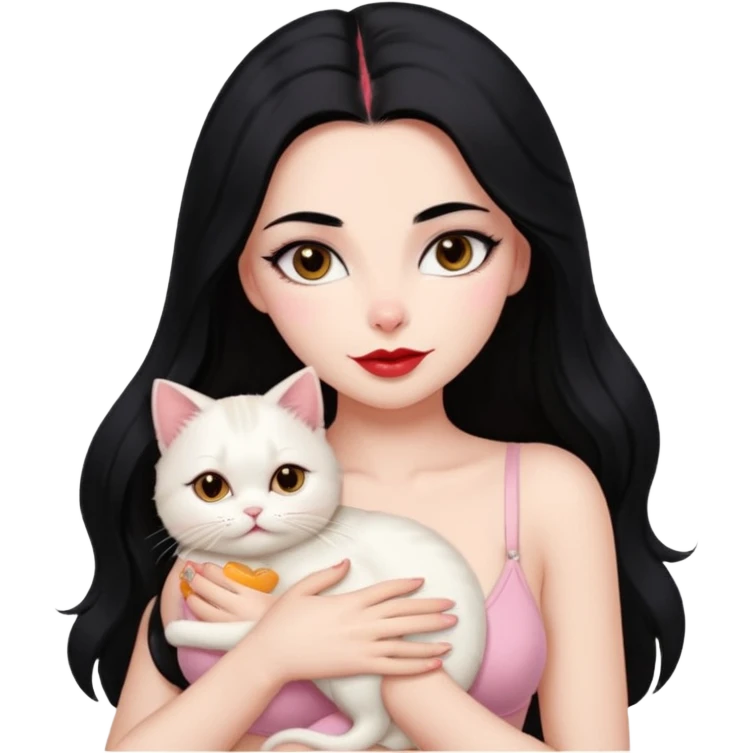Beautiful Girl Long Hair black, Brows Big , Skin White, bra Pale Pink , Big Red Lips, EyesCoffe , Big hug Little baby Persa Cream Cat With Cute Eyes emoji