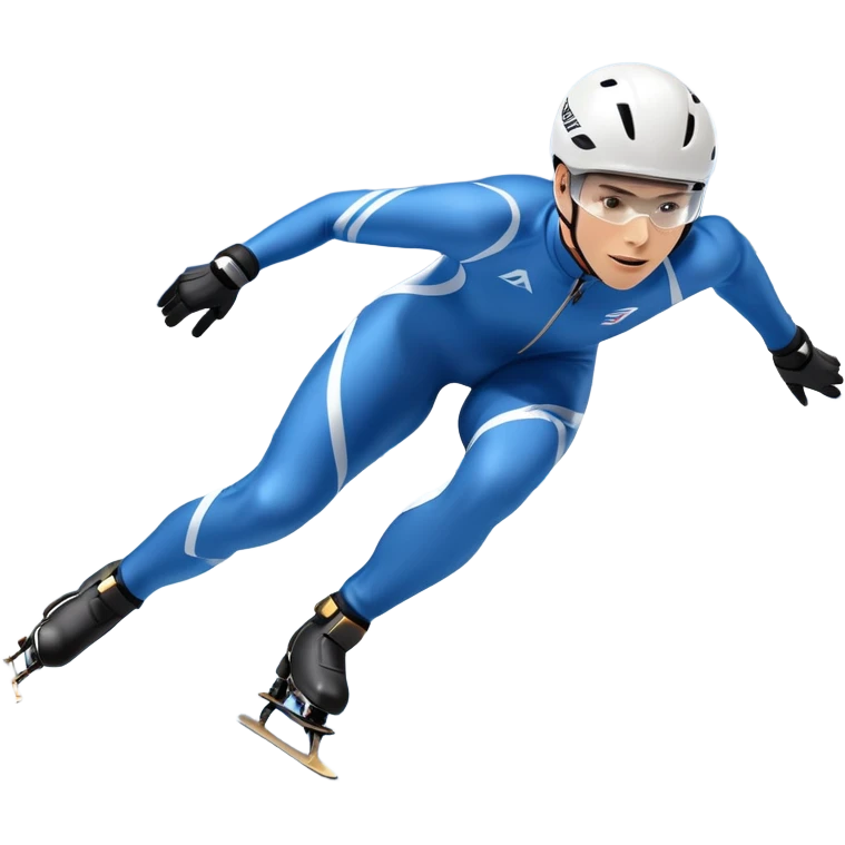 An icon showing a professional speed skater leaning into a turn on a polished ice track, dressed in a sleek suit and helmet. The scene includes a grand arena, snow-covered mountains in the distance, and a crisp blue sky. Transparent background highlights speed and precision. emoji