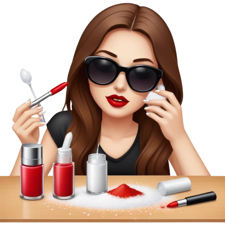 White woman with long brown hair and dark sunglasses sprinkling table salt on top of some lipsticks emoji