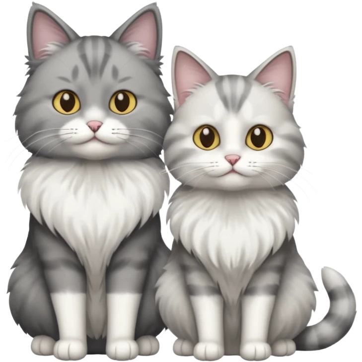 a realistic looking very fluffy grey and white cat sitting next to another cat emoji
