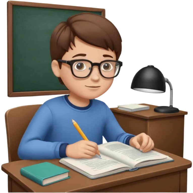 Boy with glasses sitting at school reading with his back to the camera emoji