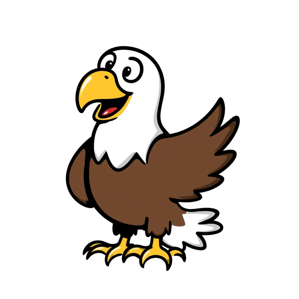 cartoon bald eagle with open beak from front view, white head, yellow beak, brown body emoji