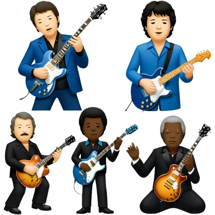 Icon for Blues Music: close-up collage of legendary blues artists. Gary Moore, Eric Clapton, B.B. King and Joe Cocker. Represented by silhouettes or symbolic items like guitars, microphones, or music notes, reflecting the soulful energy of blues music. Transparent background. emoji