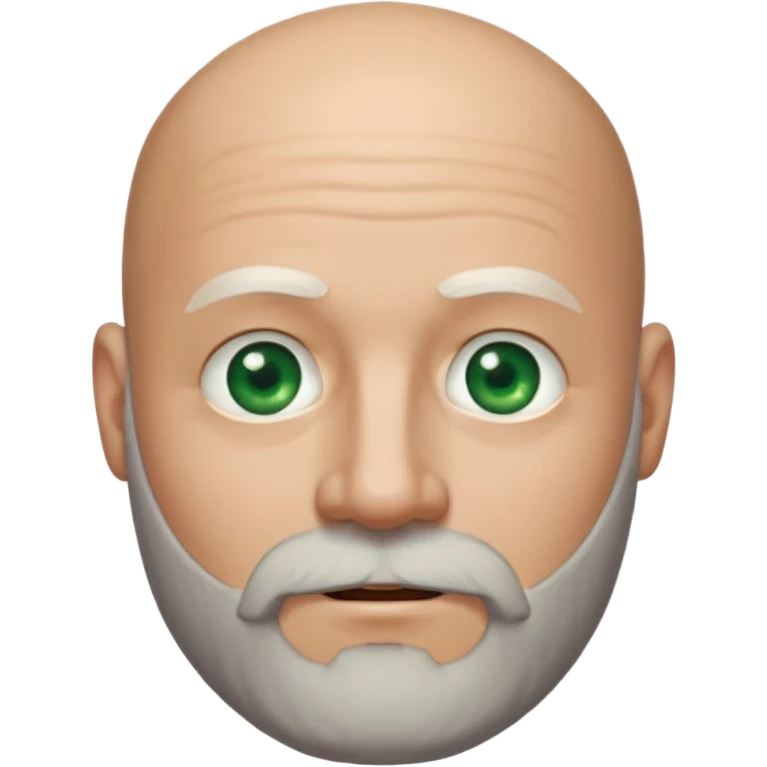 a man with light skin, a bald head, and a well-maintained beard that is darker at the top and greying towards the chin. He has striking light green eyes and a subtle, closed-mouth smile. The lighting highlights his face, and the background is softly blurred, suggesting an indoor setting. emoji