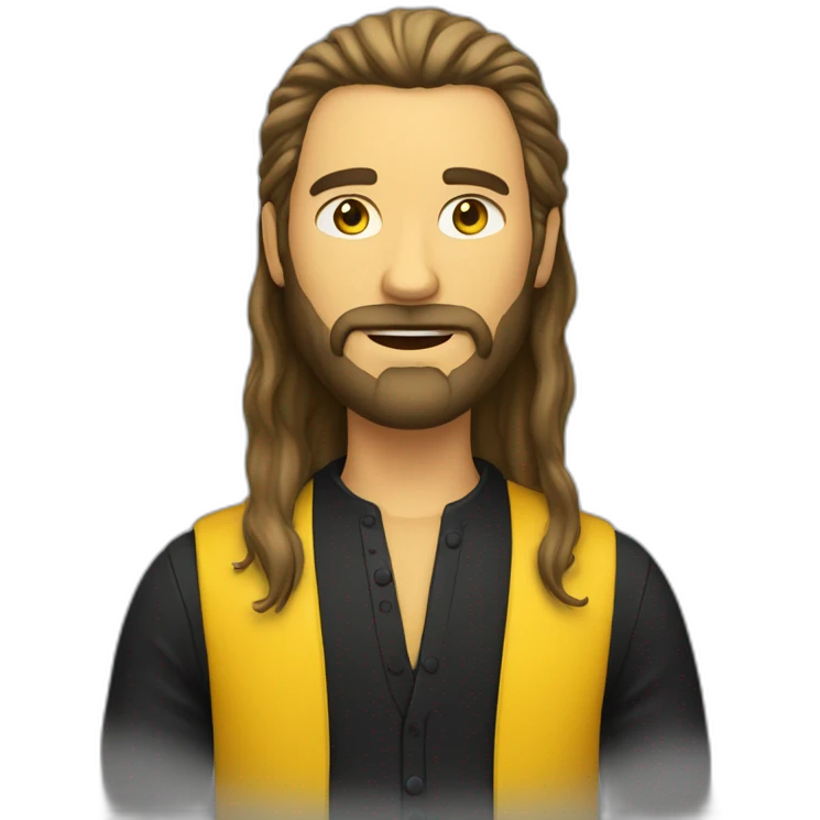 A man with long hair, a beard and a black shirt behind a yellow suit emoji